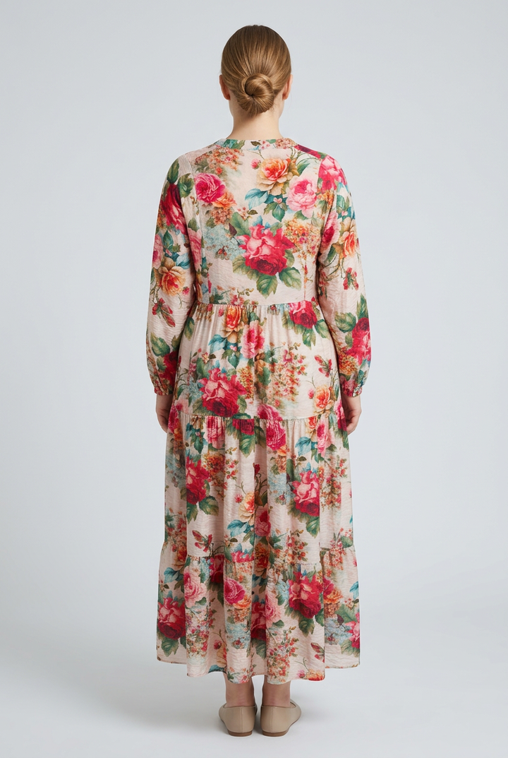 Rosette | Garden Floral Tiered Dress — Pink (back)