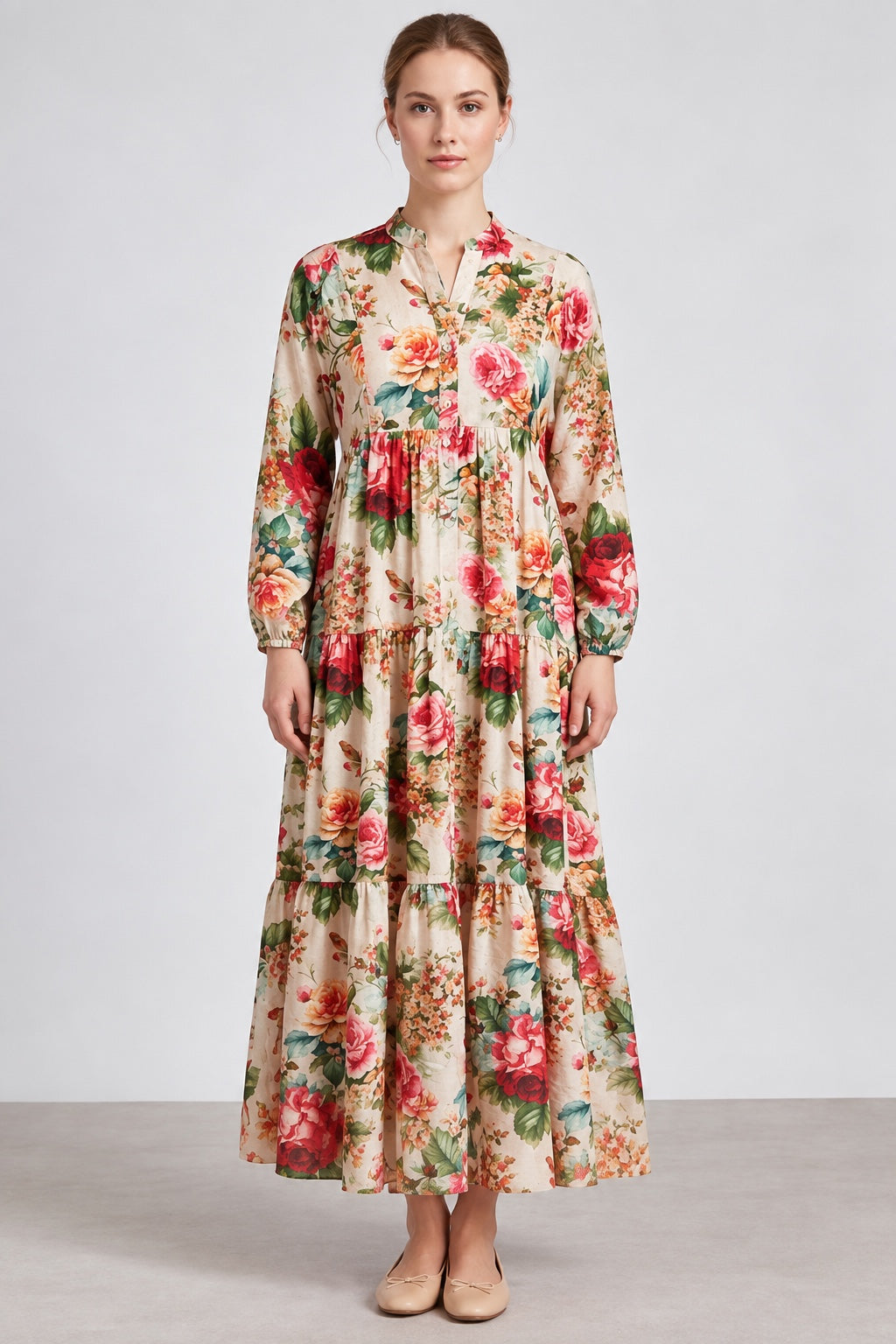 Rosette | Garden Floral Tiered Dress — Pink (front)