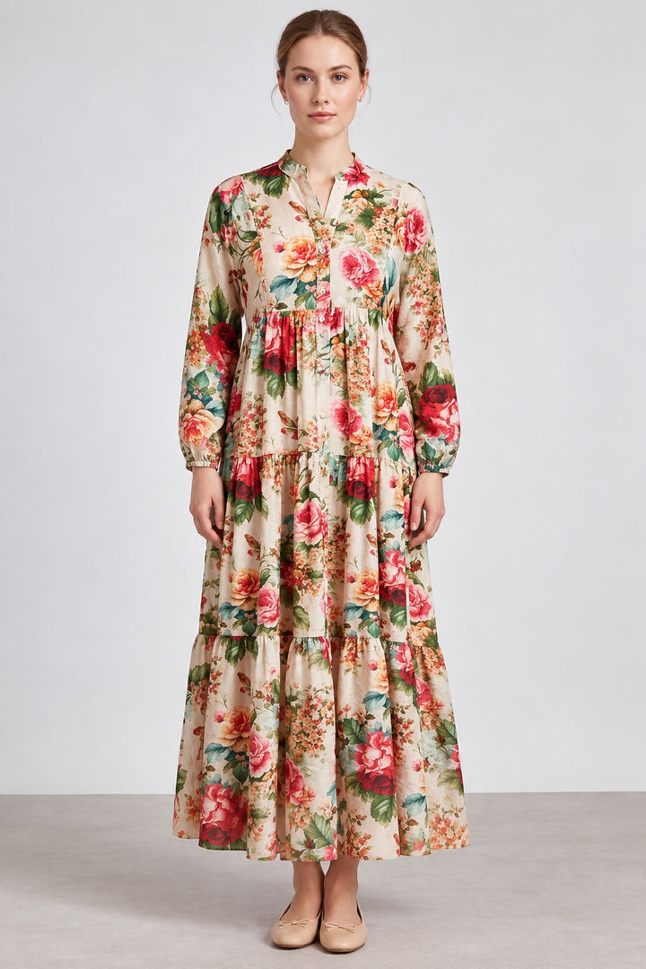Rosette | Garden Floral Tiered Dress — Pink (front)