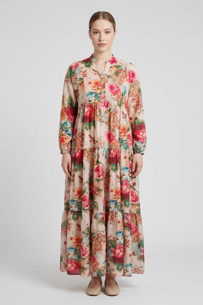 Rosette | Garden Floral Tiered Dress — Pink (front)