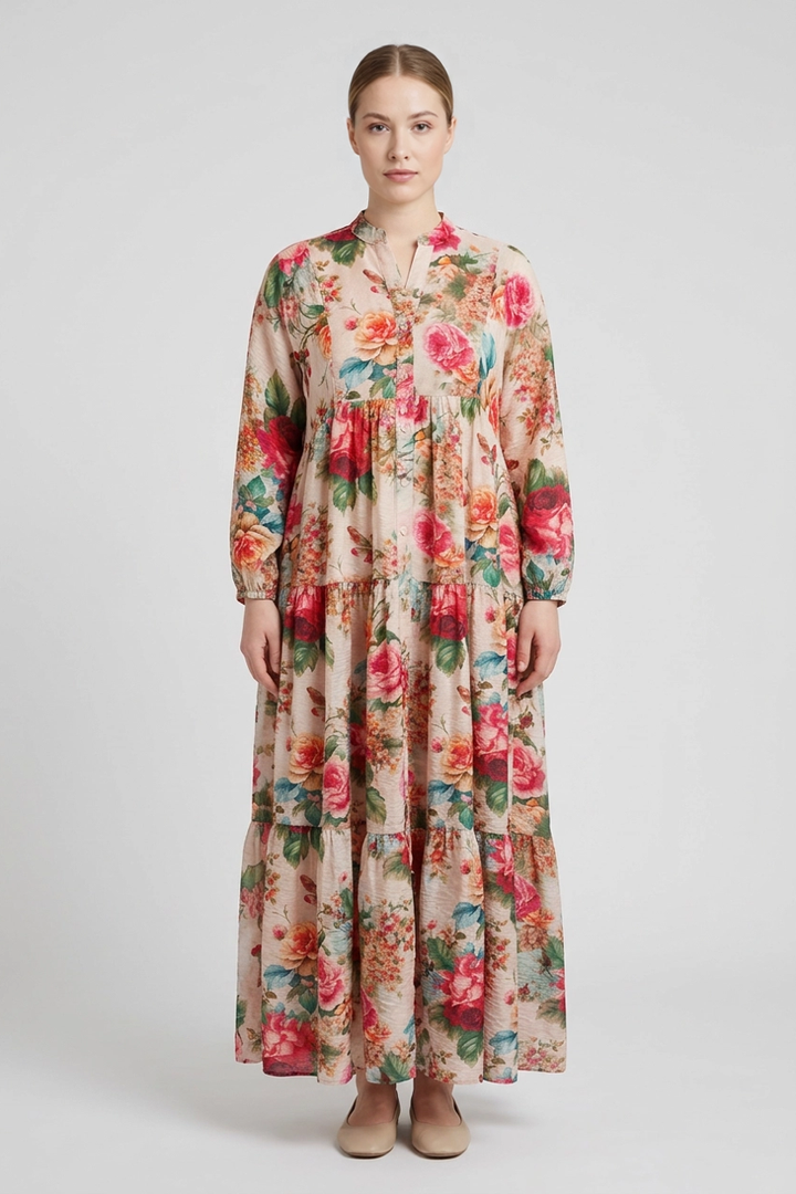 Rosette | Garden Floral Tiered Dress — Pink (front)