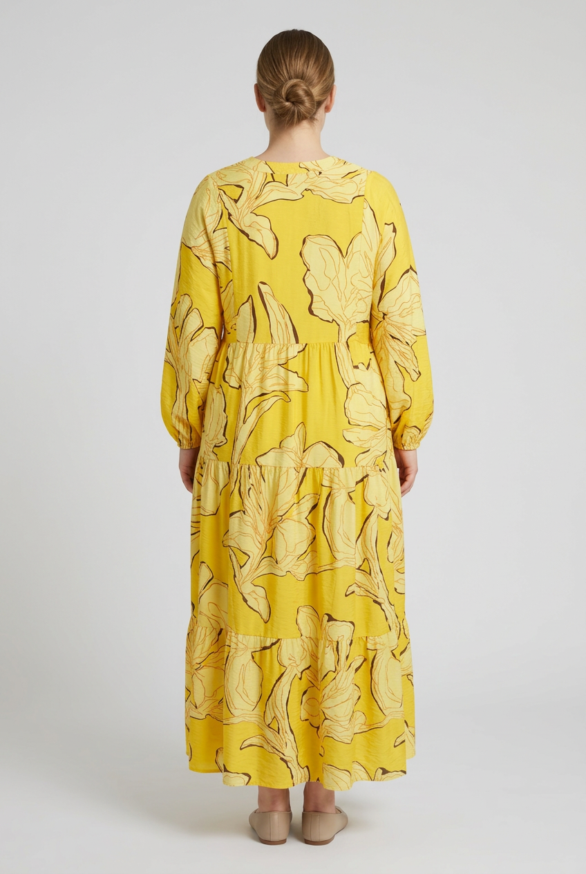Vida | Abstract Floral Tiered Dress — Yellow (back)