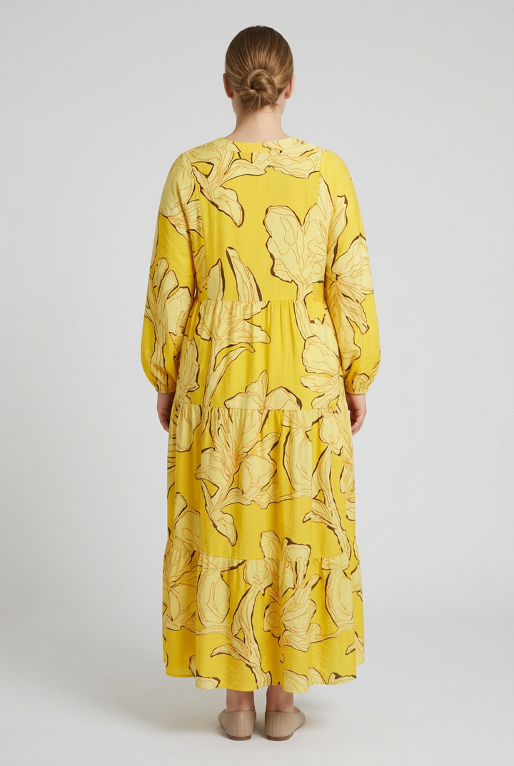 Vida | Abstract Floral Tiered Dress — Yellow (back)