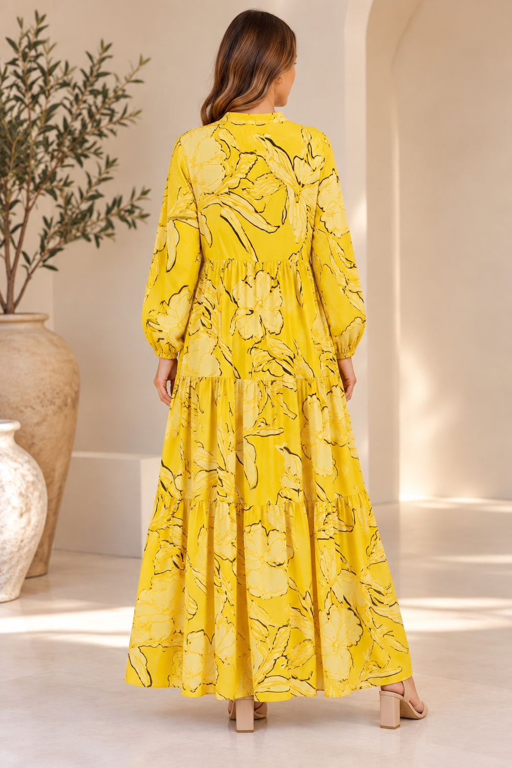 Vida | Abstract Floral Tiered Dress — Yellow (back)