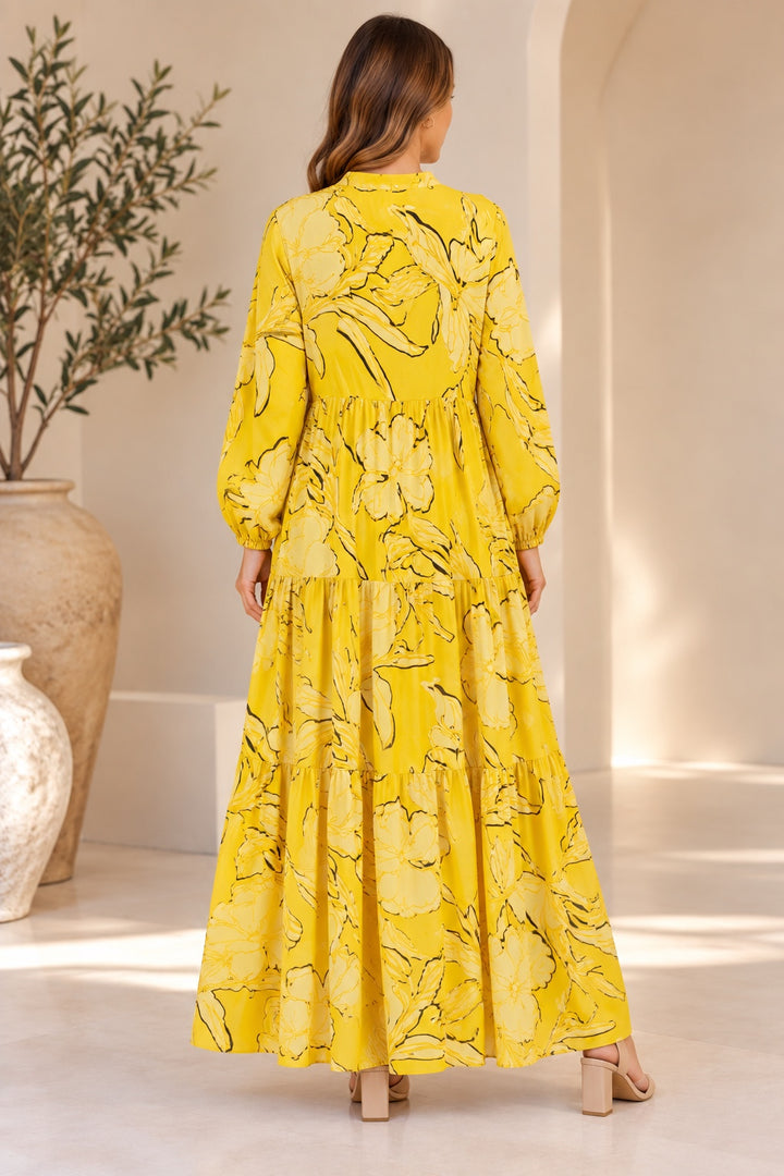 Vida | Abstract Floral Tiered Dress — Yellow (back)