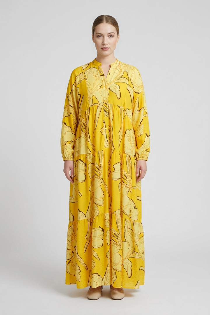 Vida | Abstract Floral Tiered Dress — Yellow (front)