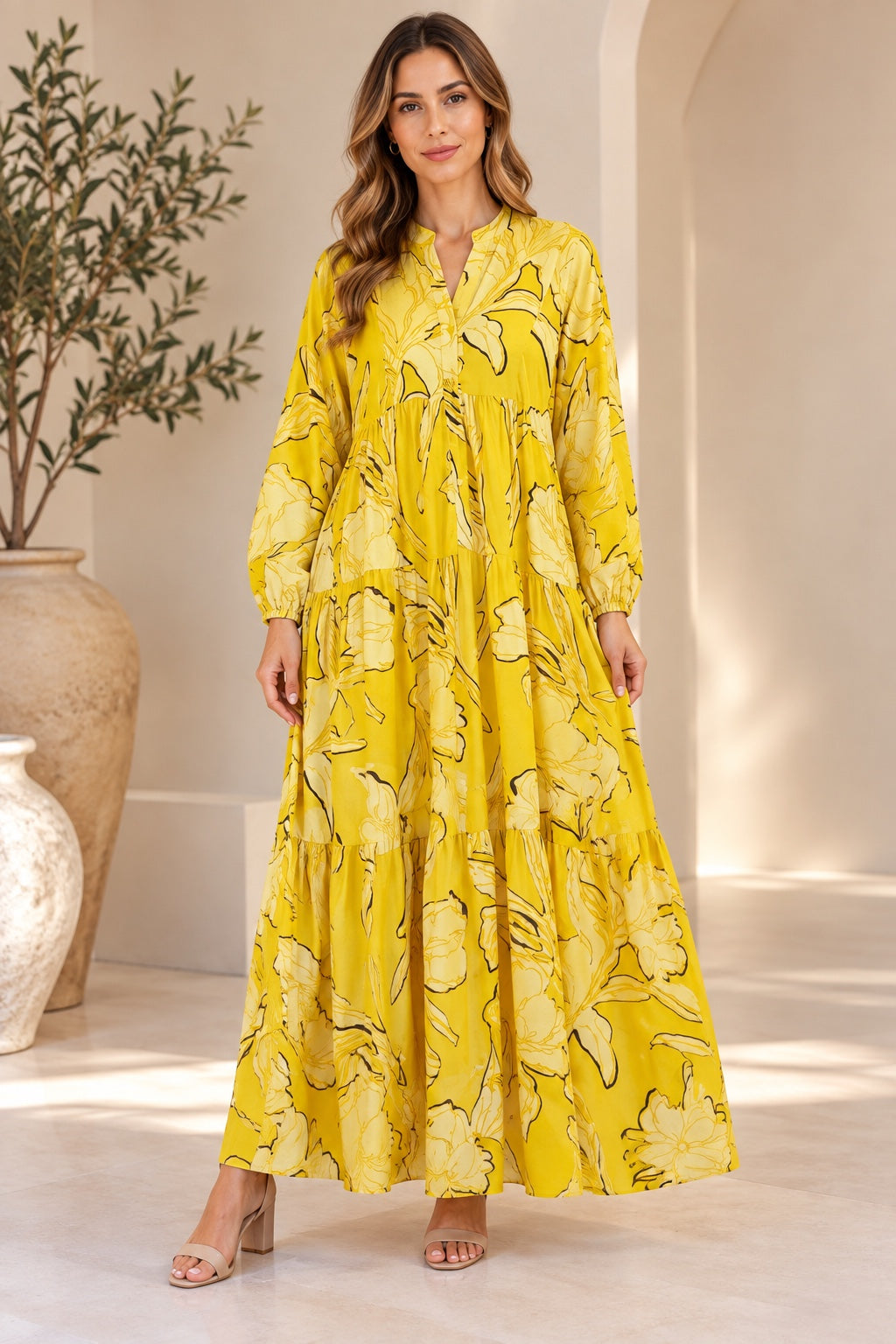 Vida | Abstract Floral Tiered Dress — Yellow (front)