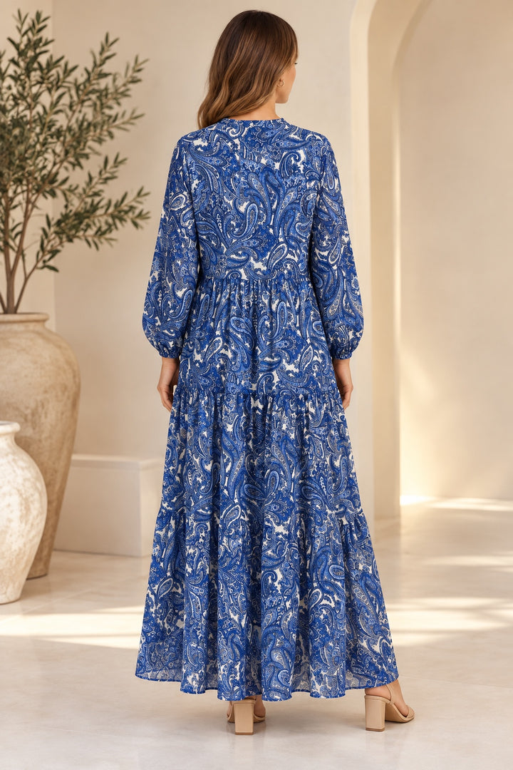 Indra | Paisley Tiered Dress — Blue (back)