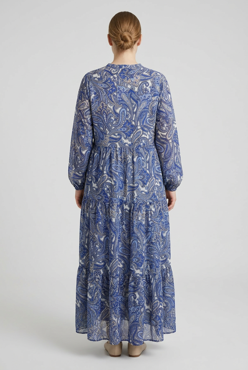 Indra | Paisley Tiered Dress — Blue (back)