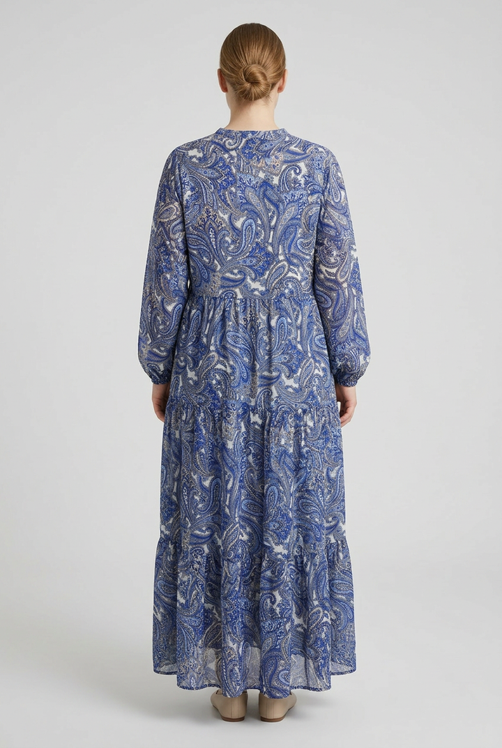 Indra | Paisley Tiered Dress — Blue (back)