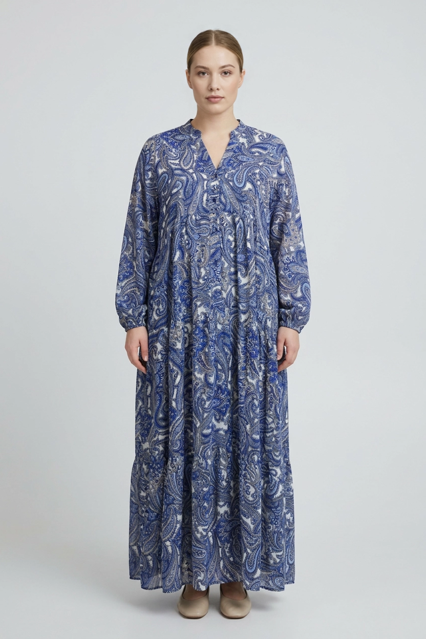 Indra | Paisley Tiered Dress — Blue (front)
