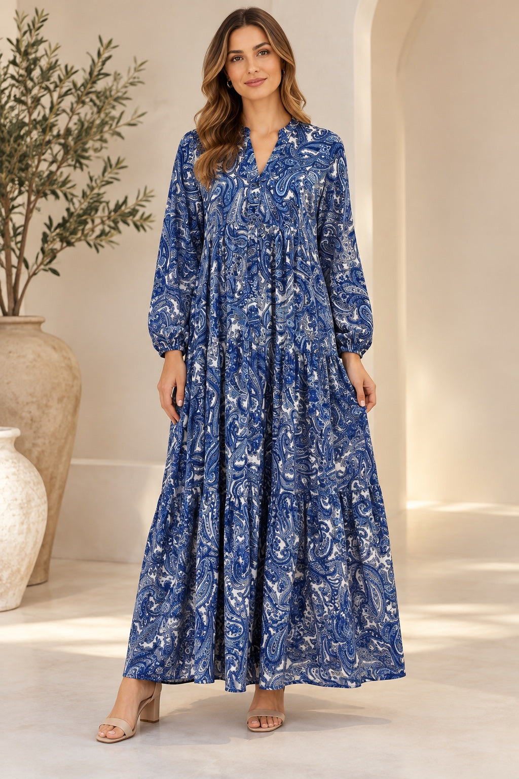 Indra | Paisley Tiered Dress — Blue (front)