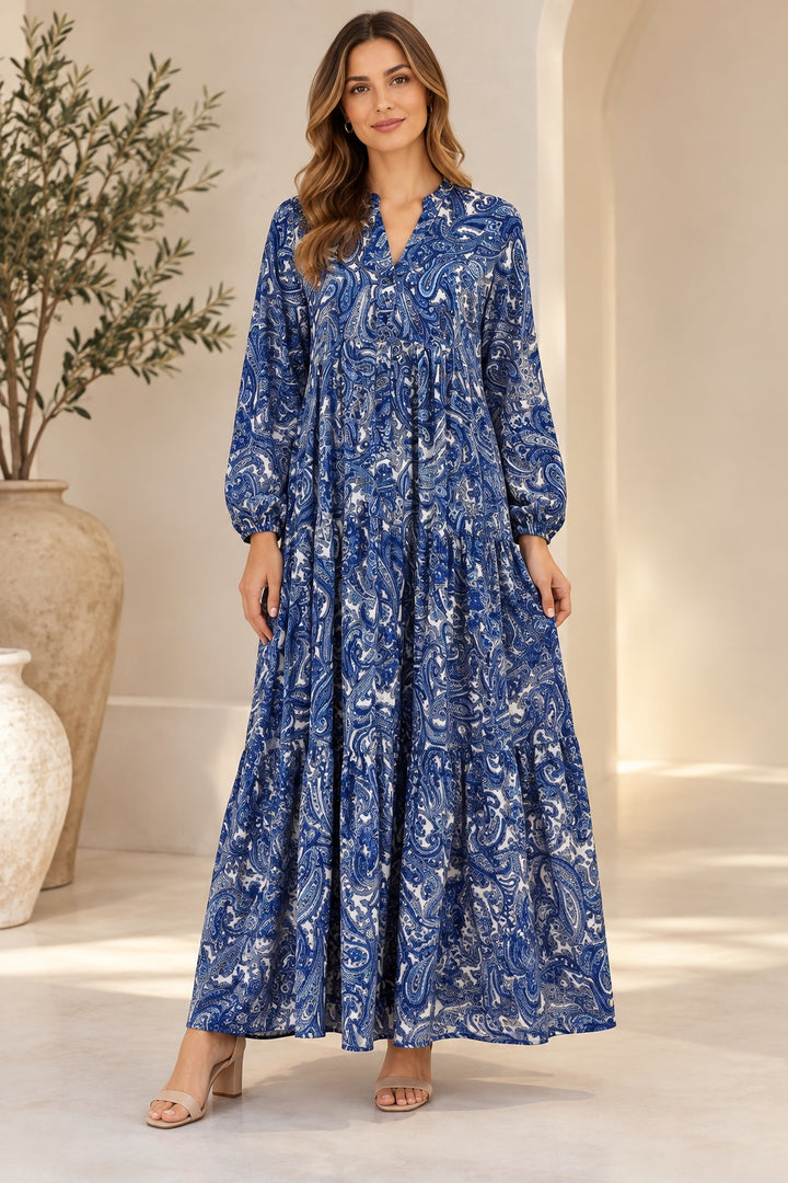 Indra | Paisley Tiered Dress — Blue (front)