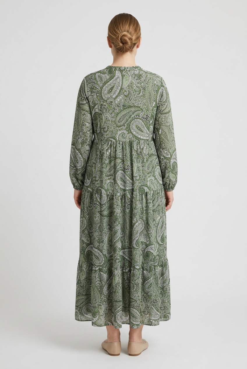 Indra | Paisley Tiered Dress — Green (back)