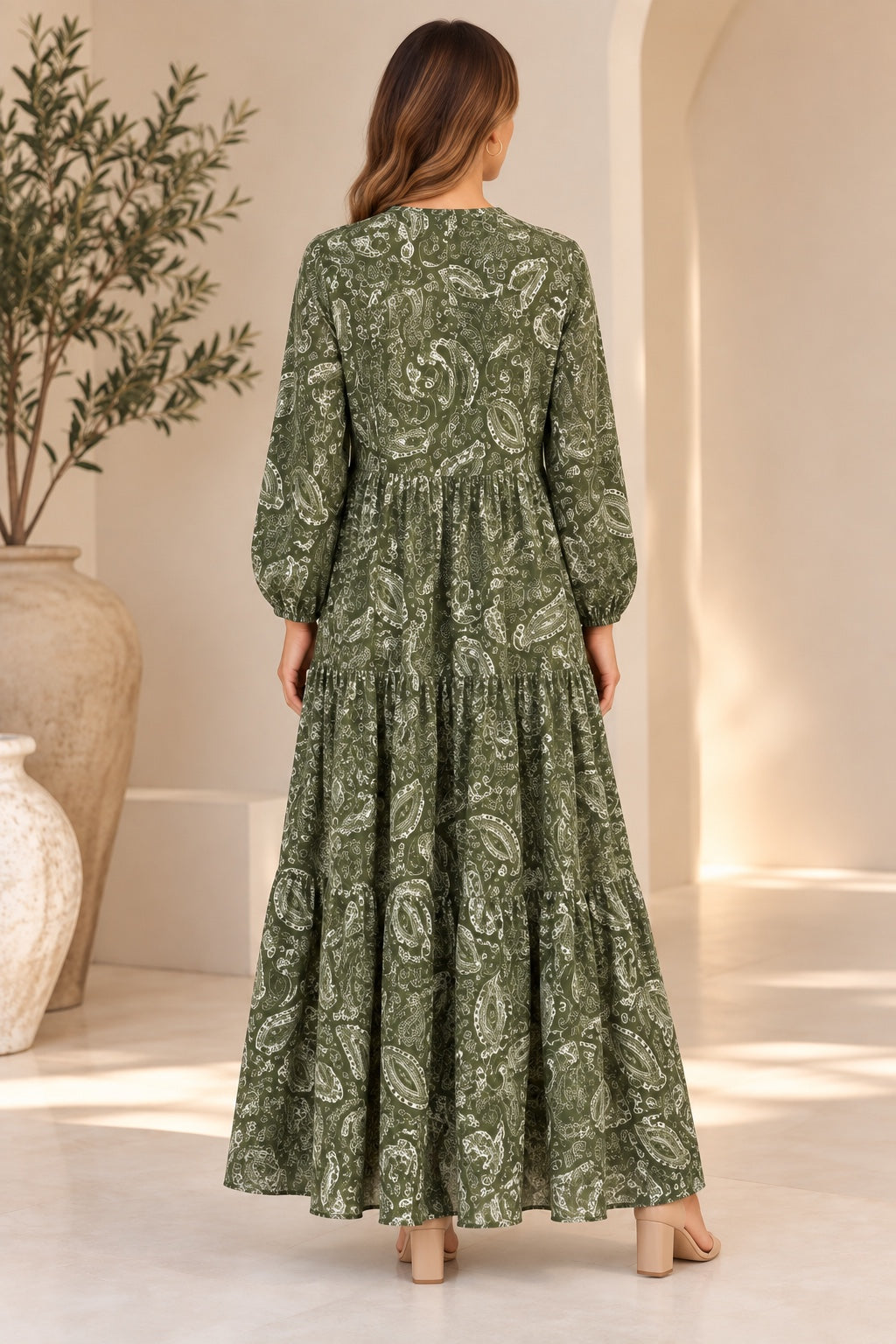 Indra | Paisley Tiered Dress — Green (back)