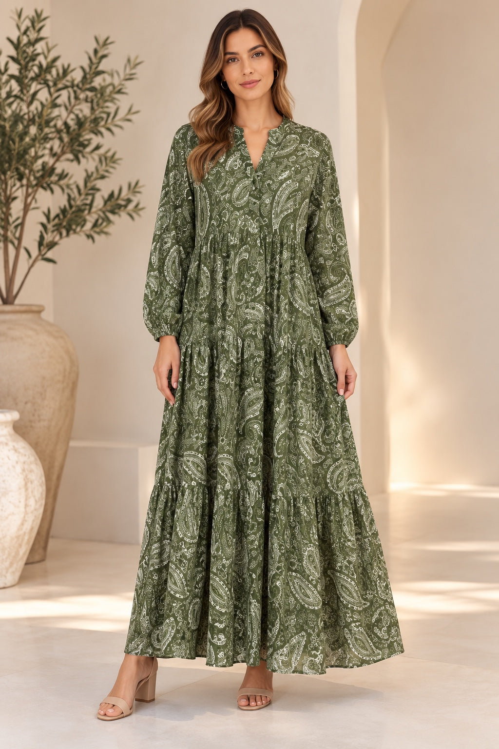 Indra | Paisley Tiered Dress — Green (front)