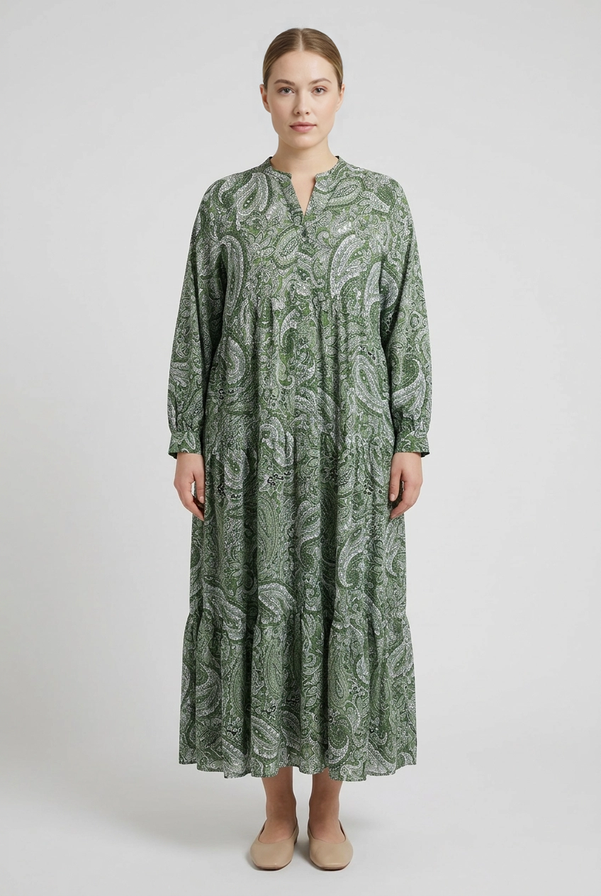 Indra | Paisley Tiered Dress — Green (front)