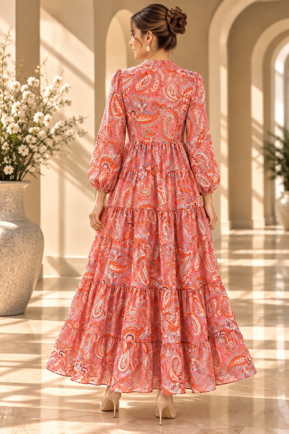 Zara | Paisley Tiered Dress — Orange (back)