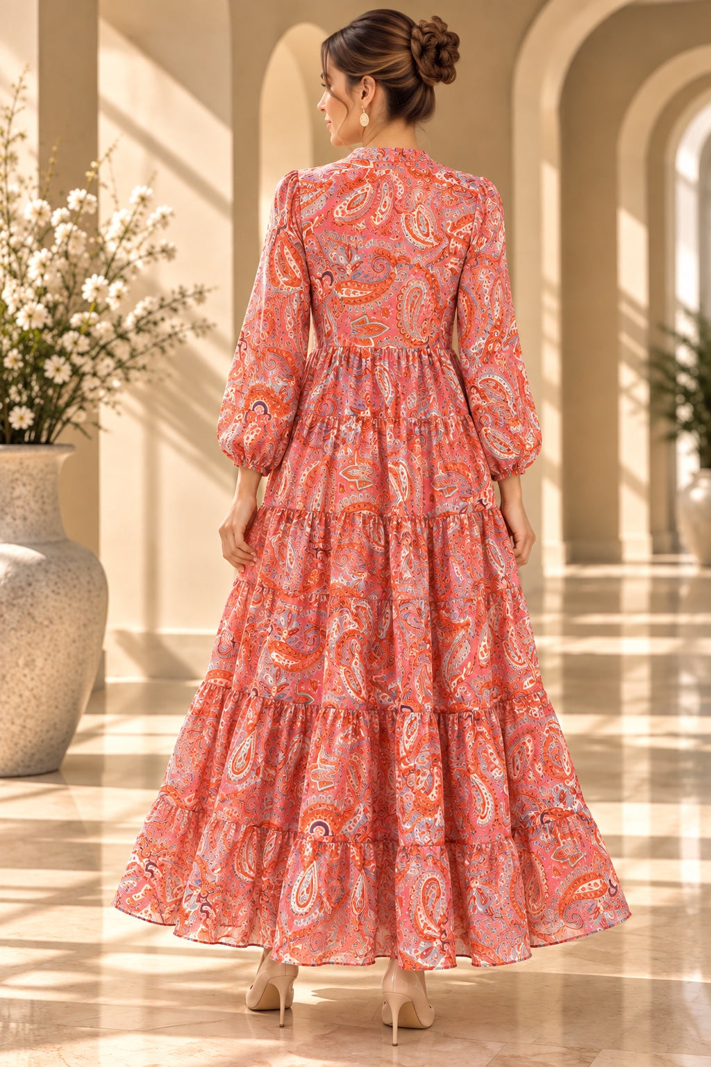 Zara | Paisley Tiered Dress — Orange (back)