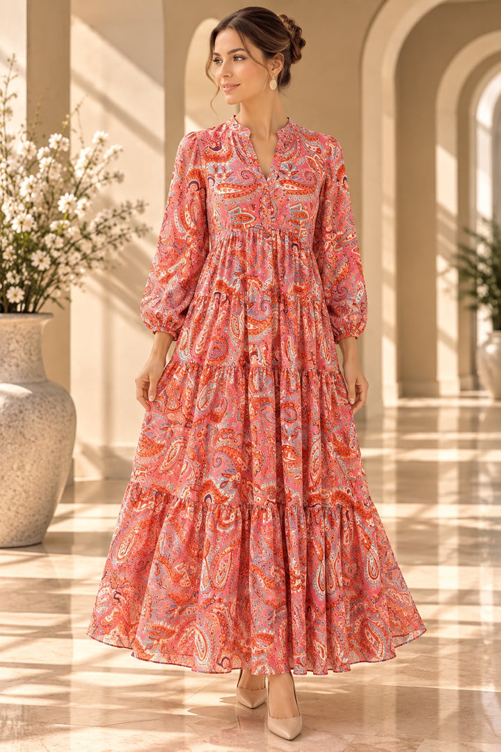 Zara | Paisley Tiered Dress — Orange (front)