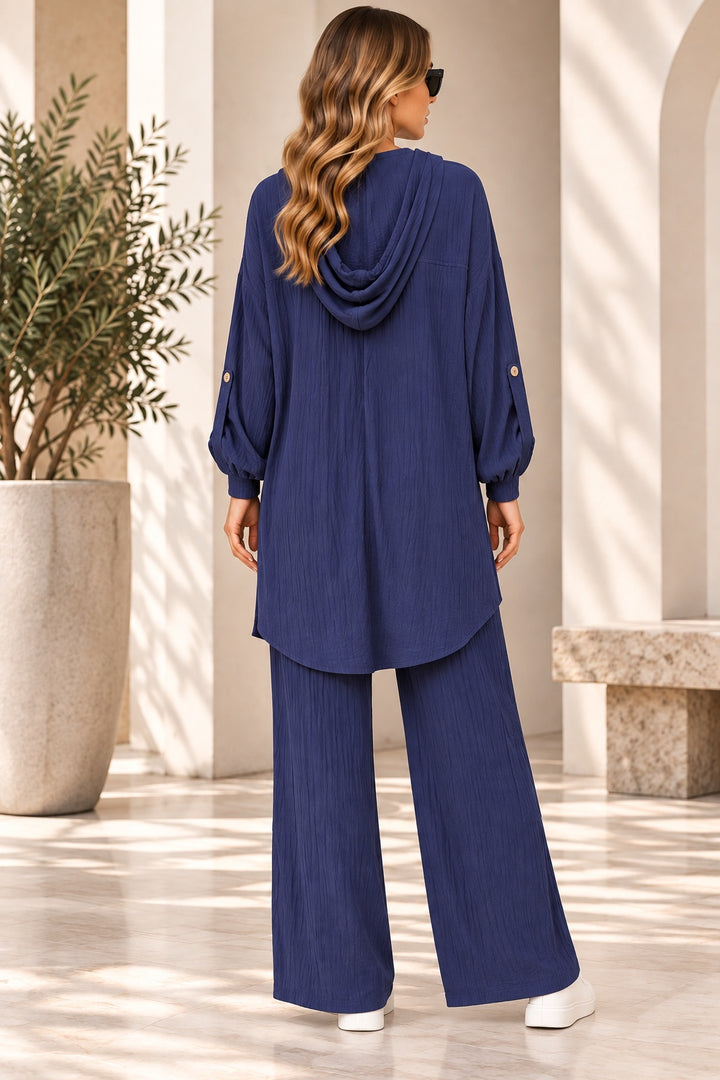 Skye | Gauze Hooded Two-Piece Set [CLEARANCE -50%] — Navy (back)