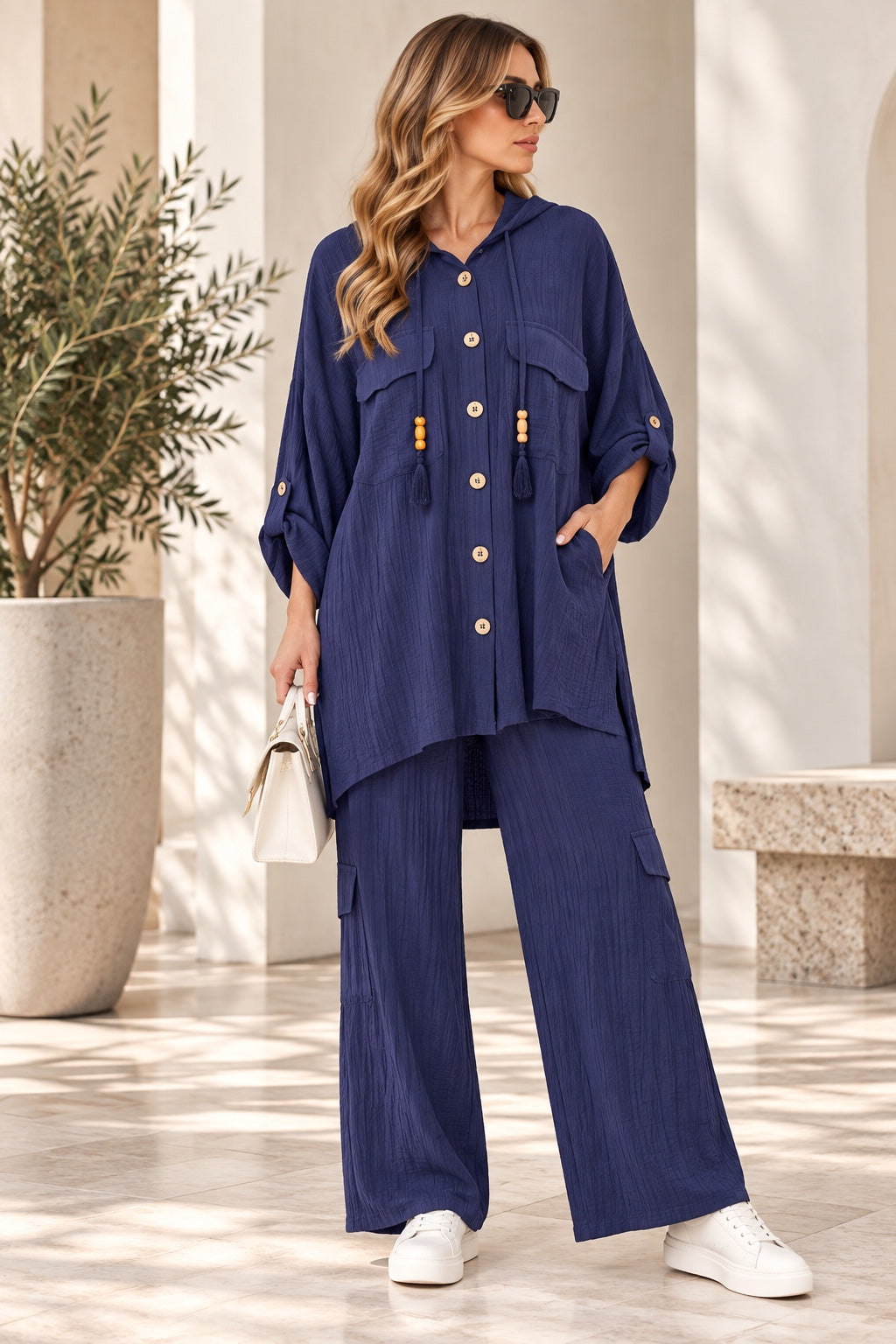 Skye | Gauze Hooded Two-Piece Set [CLEARANCE -50%] — Navy (front)