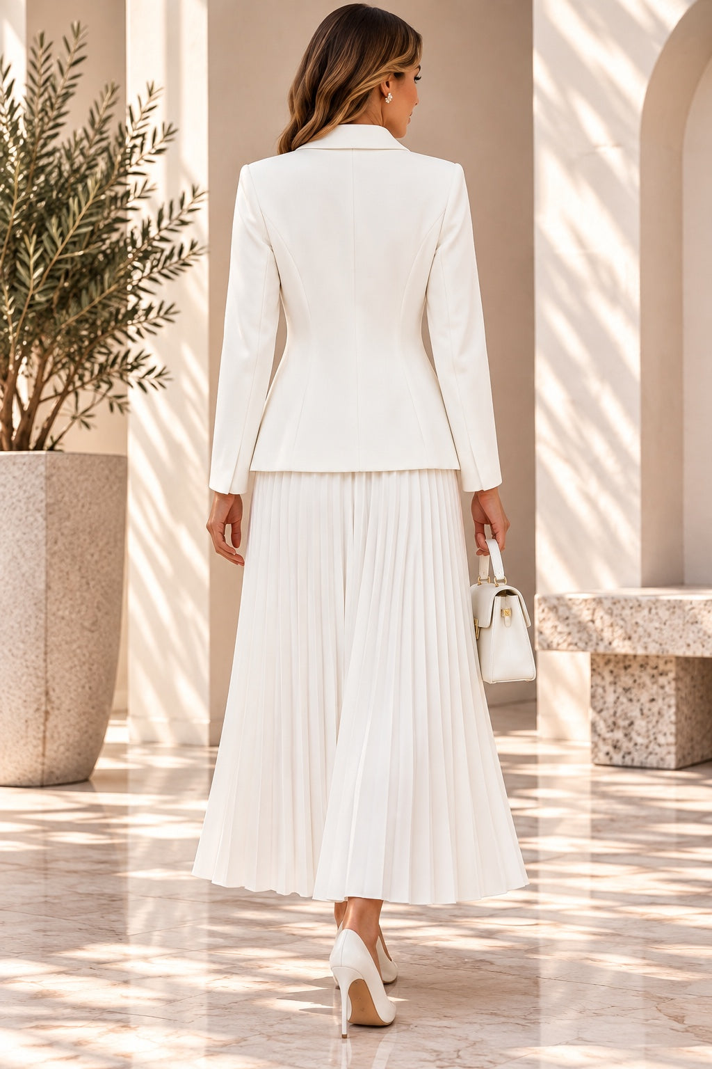 Celine | Blazer &amp; Pleated Skirt Set [CLEARANCE -60%] — Ecru (back)