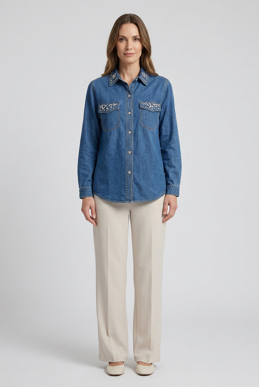 Gemma | Crystal Embellished Denim Shirt — Blue