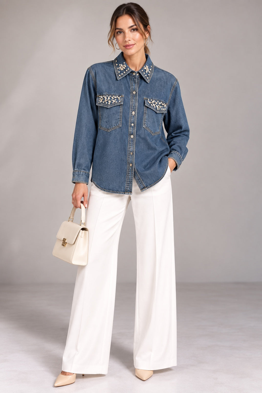 Gemma | Crystal Embellished Denim Shirt — Blue (front)