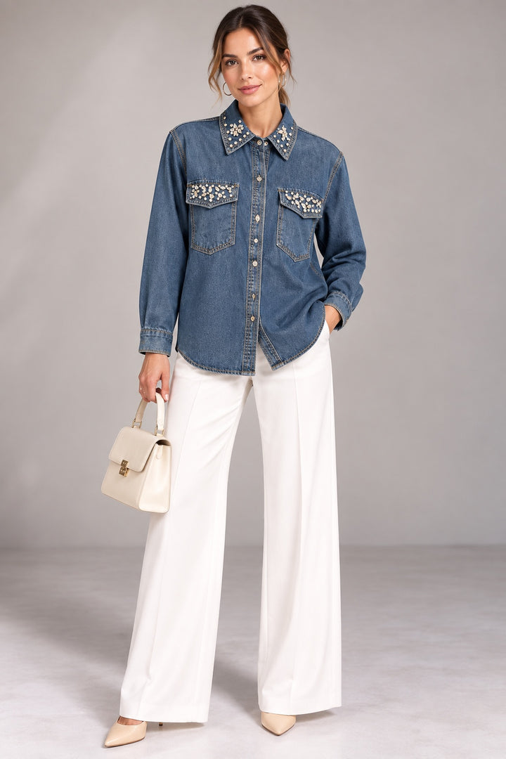 Gemma | Crystal Embellished Denim Shirt — Blue (front)