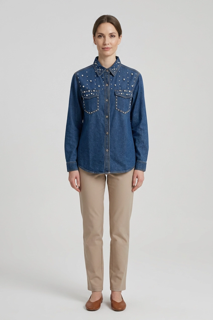 Daisy | Lace Trim Denim Vest — Blue (front)