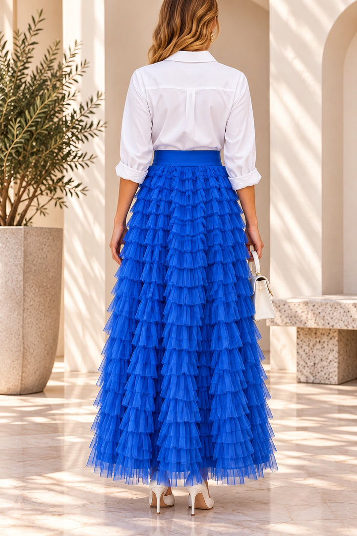 Cascade | Tiered Tulle Maxi Skirt [CLEARANCE -50%] — Blue (back)