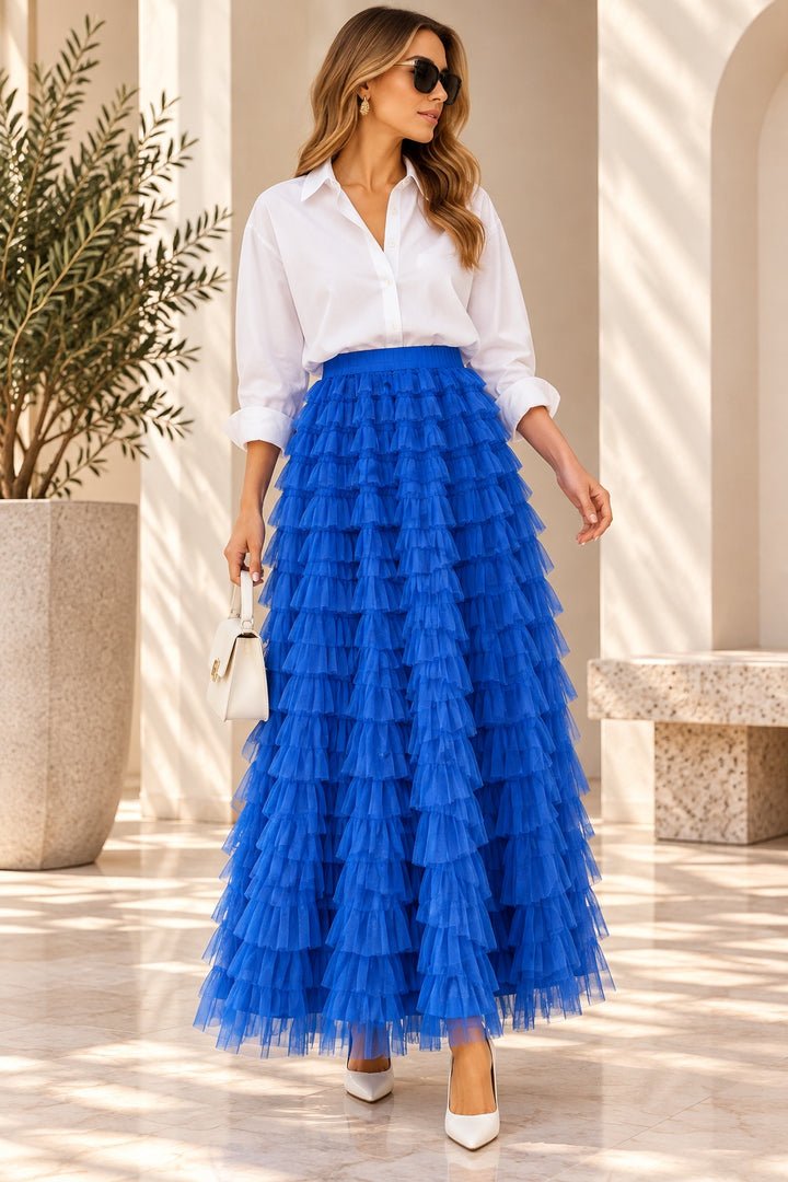 Cascade | Tiered Tulle Maxi Skirt [CLEARANCE -50%] — Blue (front)