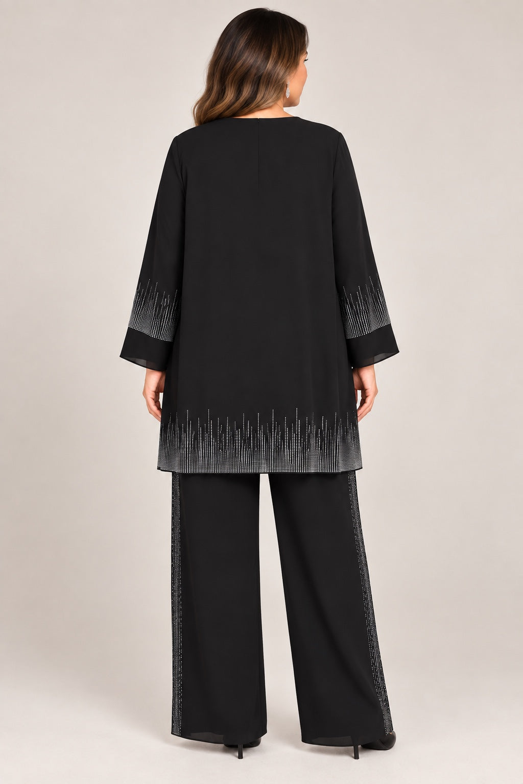 Iolanthe | Crystal Sunray Hem Tunic &amp; Pant Set — Black (back)