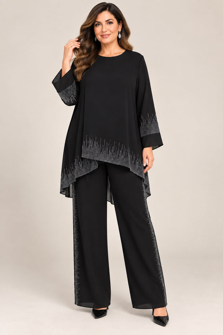 Iolanthe | Crystal Sunray Hem Tunic &amp; Pant Set — Black (front)