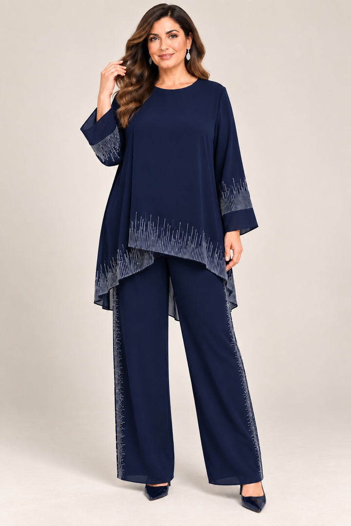 Iolanthe | Crystal Sunray Hem Tunic &amp; Pant Set — Navy (front)