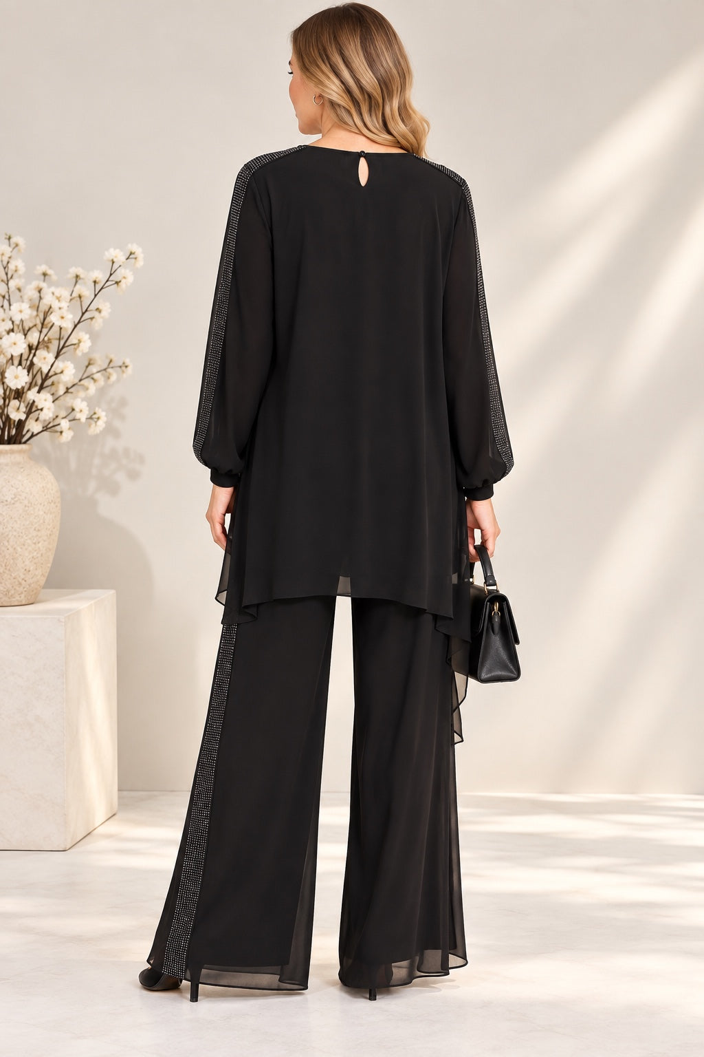 Noir | Chiffon Rhinestone Trim Two-Piece Set — Black (back)