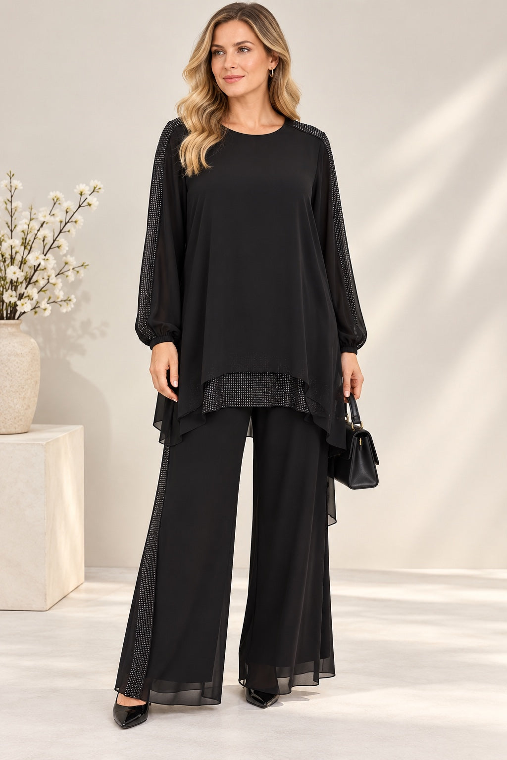 Noir | Chiffon Rhinestone Trim Two-Piece Set — Black (front)