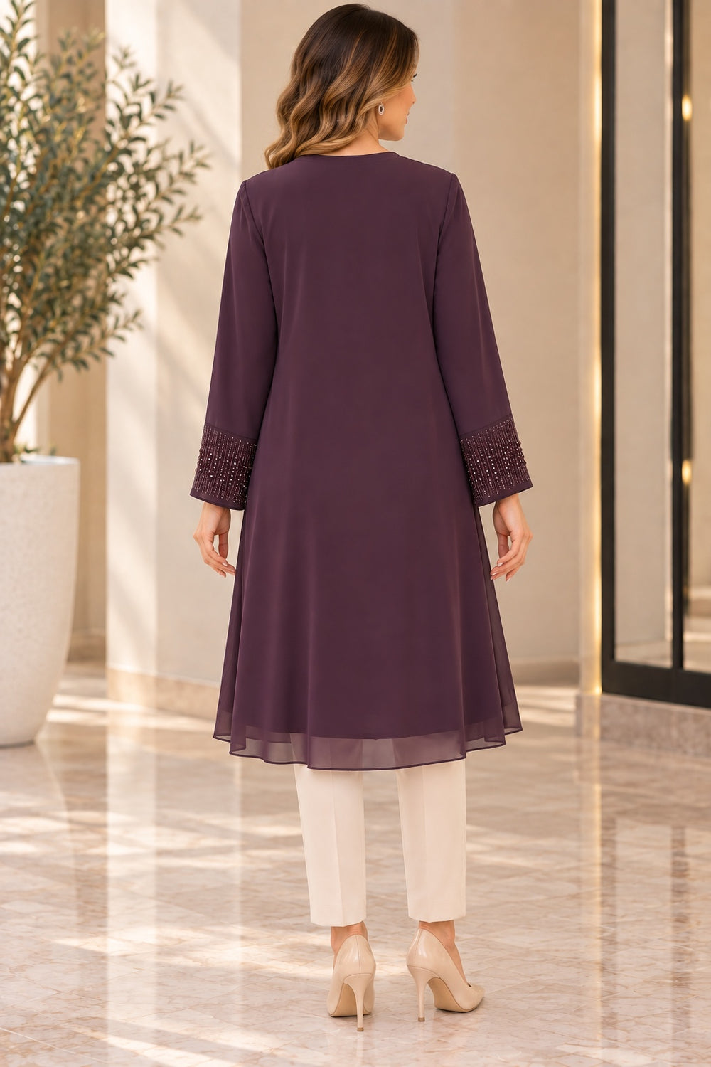Calypso | Beaded Cascade Plus Tunic — Burgundy (back)