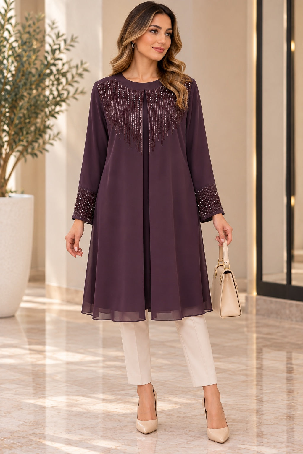 Calypso | Beaded Cascade Plus Tunic — Burgundy (front)