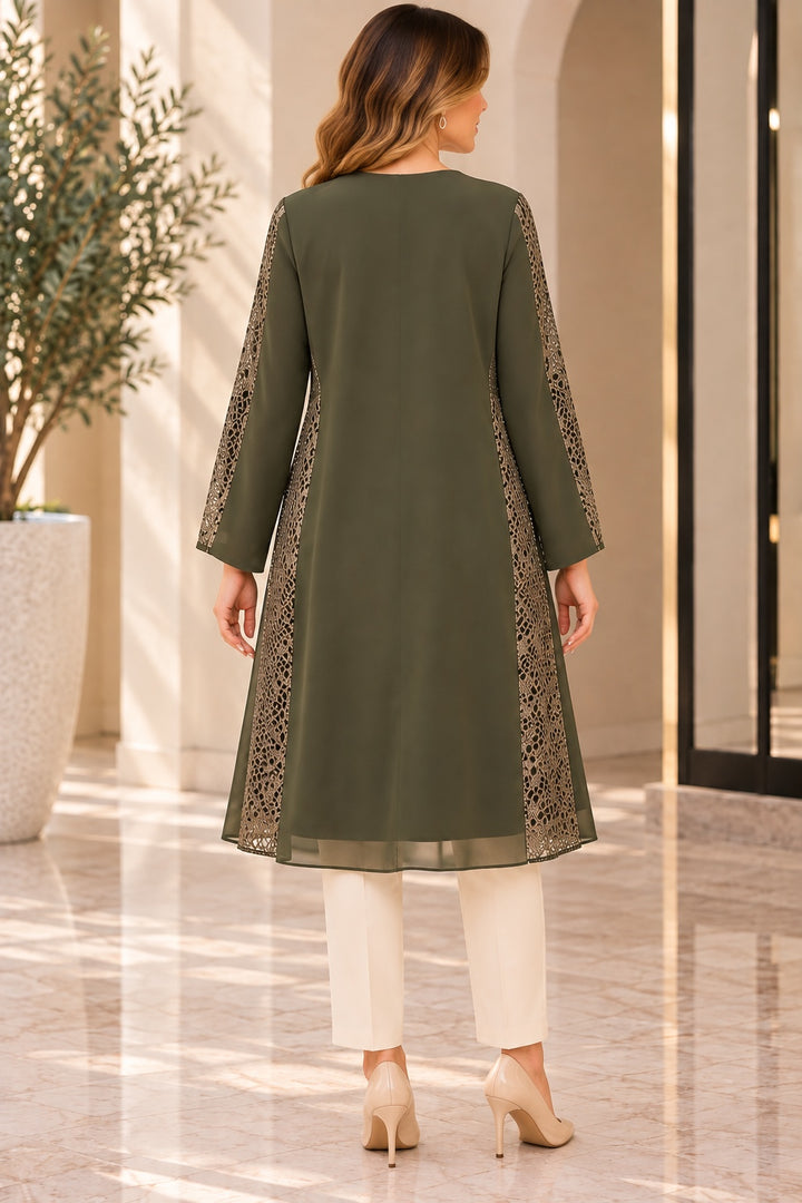 Esra | Lace Insert Crystal Trim Plus Tunic — Green (back)