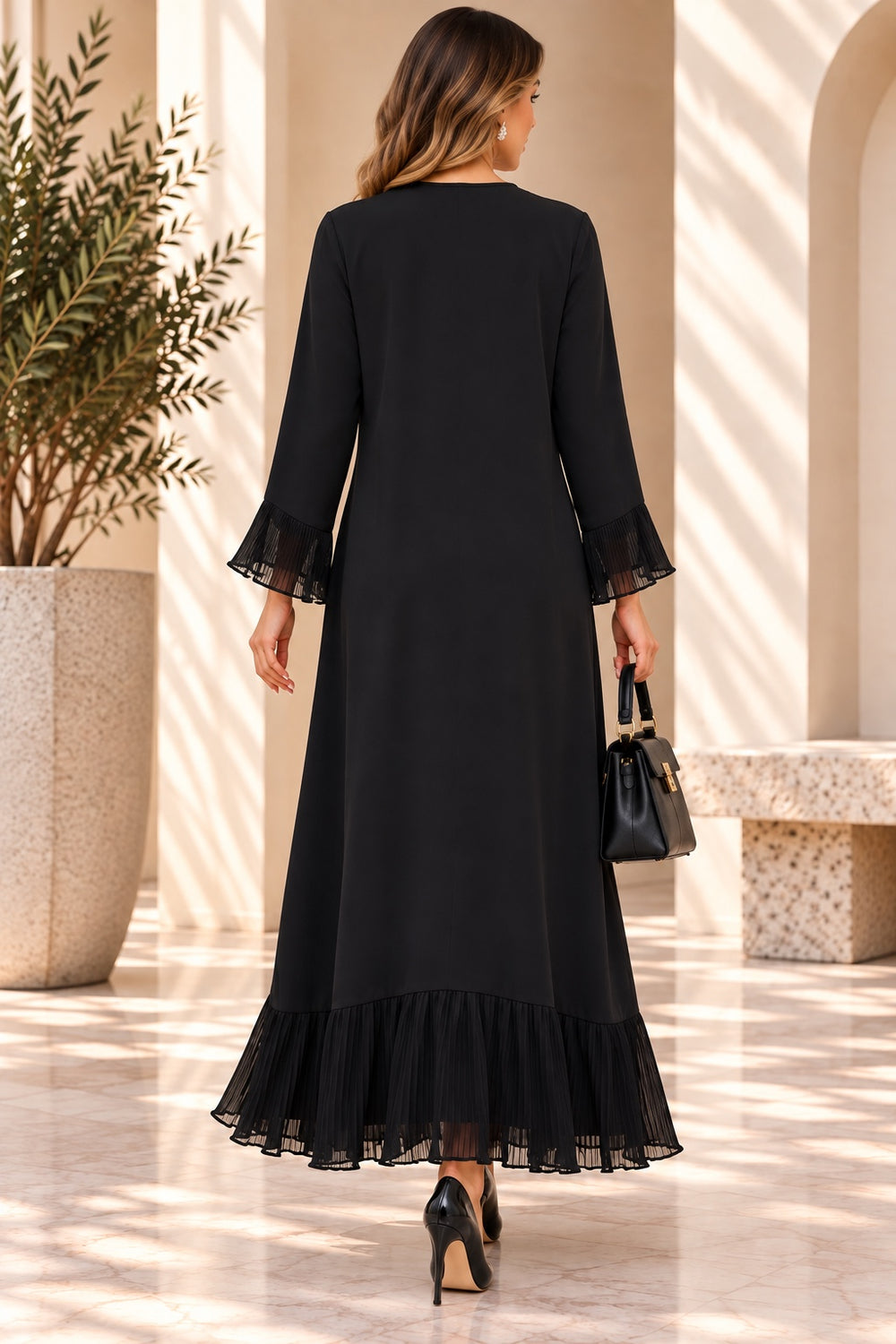 Inara | Crepe Chiffon-Sleeve Abaya — Black (back)