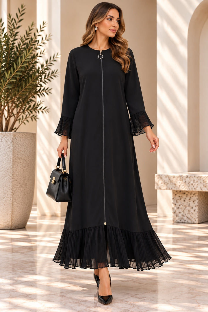 Inara | Crepe Chiffon-Sleeve Abaya — Black (front)