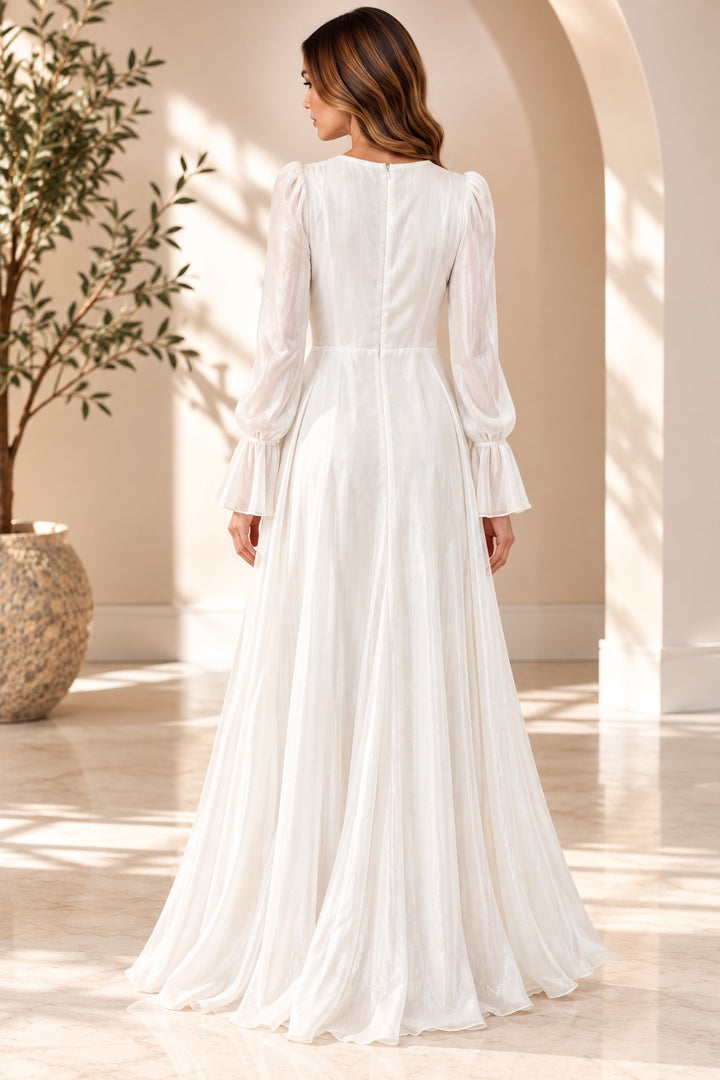 Lucia | Shimmer Chiffon Draped Evening Dress — White (back)