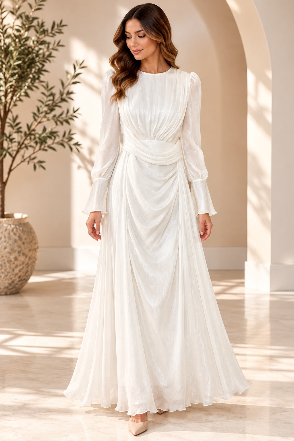 Lucia | Shimmer Chiffon Draped Evening Dress — White (front)
