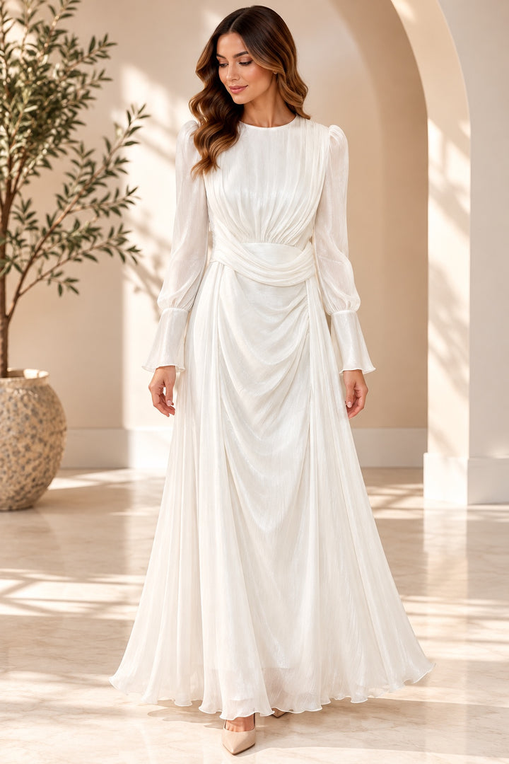 Lucia | Shimmer Chiffon Draped Evening Dress — White (front)