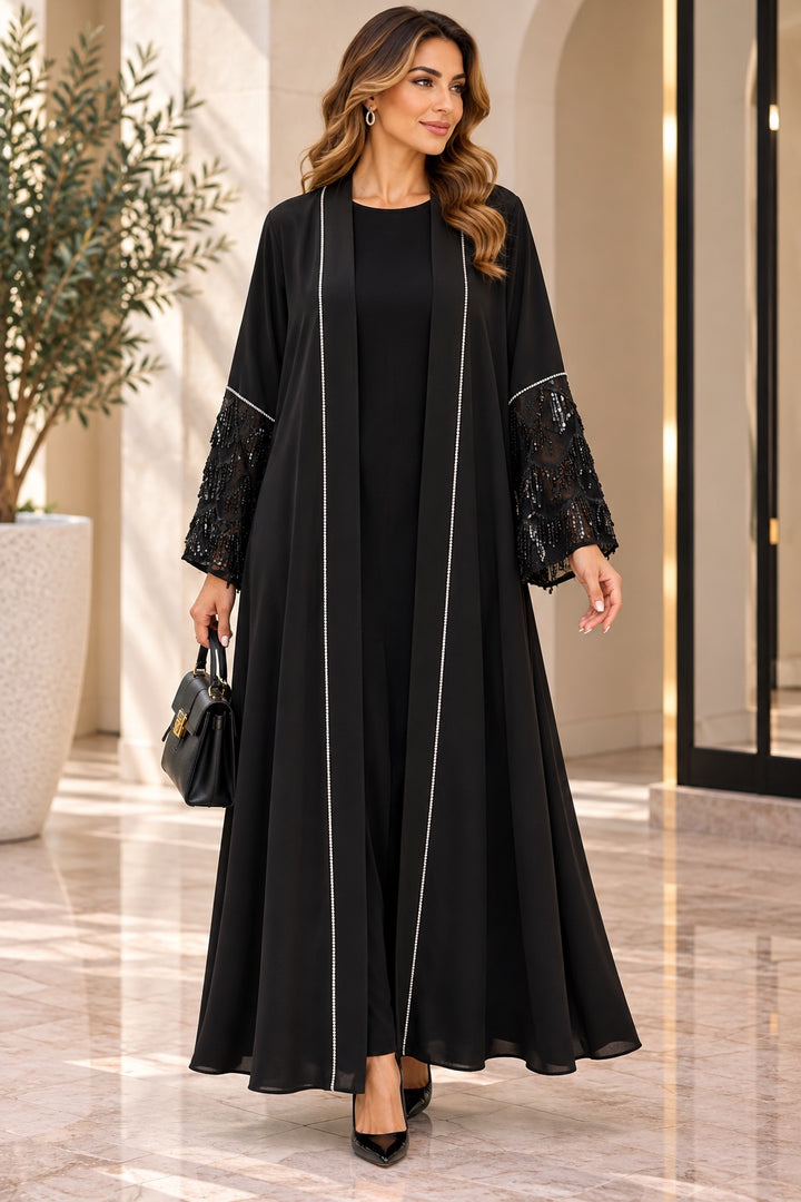 Saba | Crepe Sequin-Cuff Abaya — Black (front)