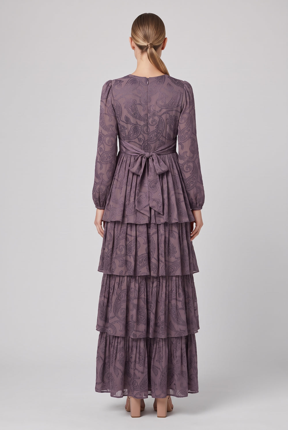 Maeve | Jacquard Tiered Dress — Purple (back)