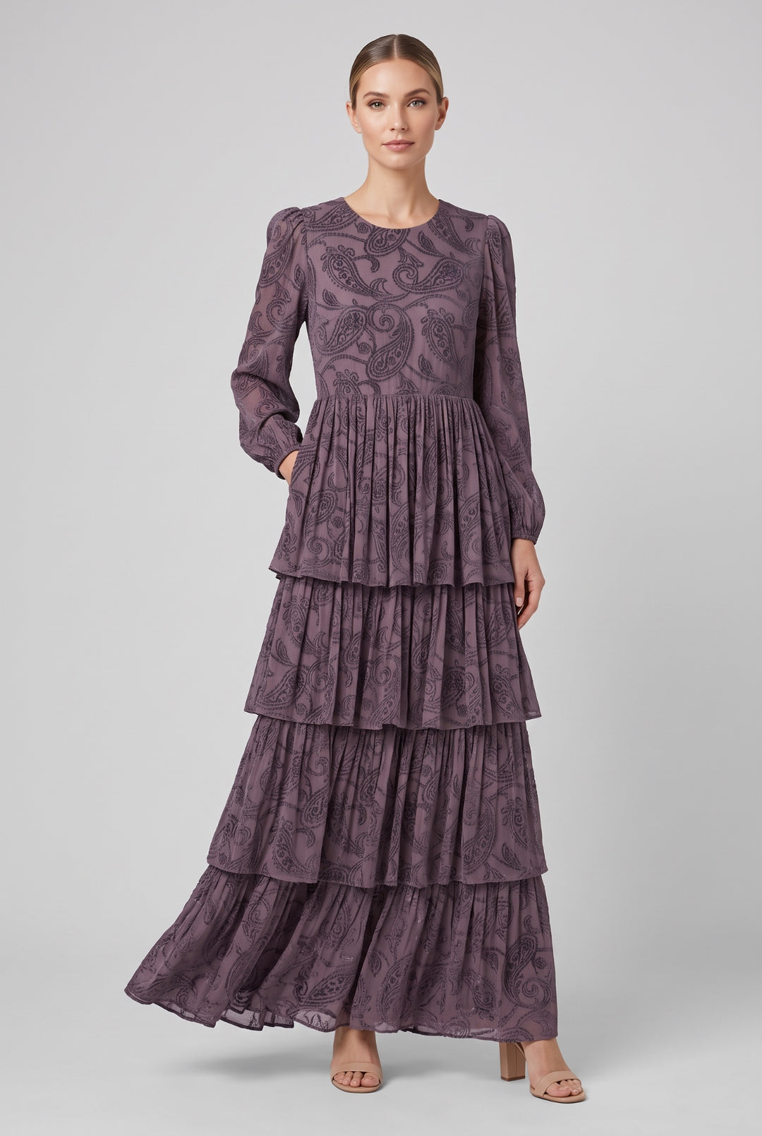 Maeve | Jacquard Tiered Dress — Purple (front)