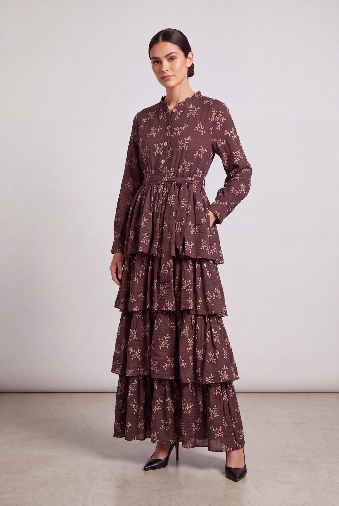Wren | Botanical Tiered Dress — Brown (front)